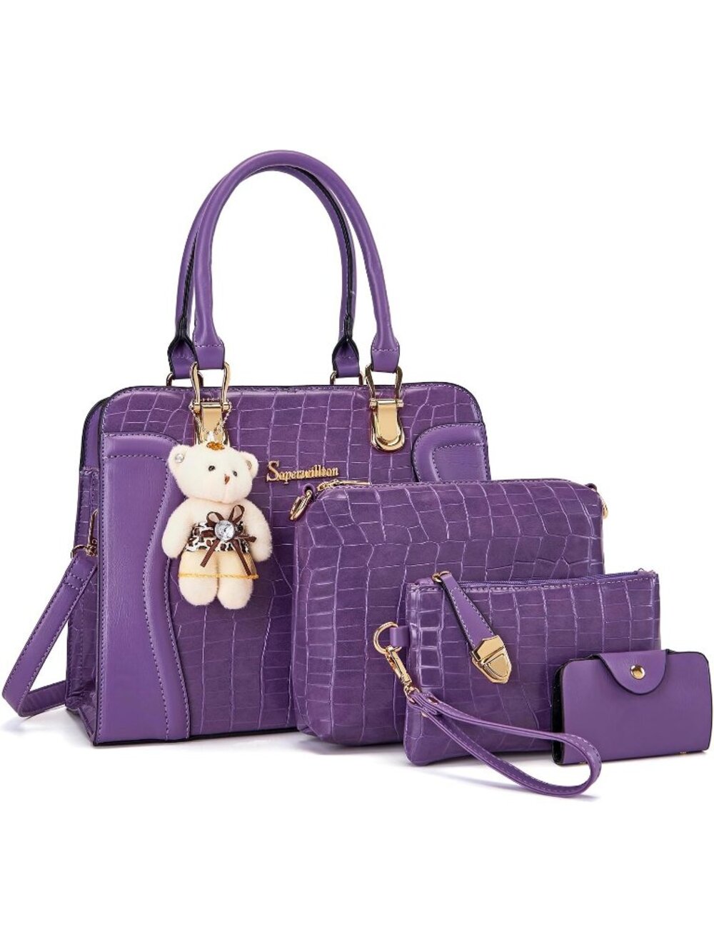 Women's Purple 4Pc Handbag Set Tote Shoulder Satchel Purse with Bear Charm